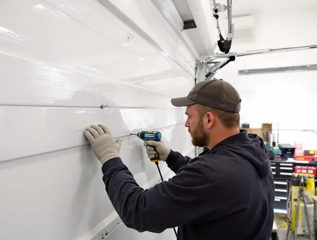 Tamarac Garage Door Repair technician demonstrating precision dent removal techniques on a Tamarac garage door