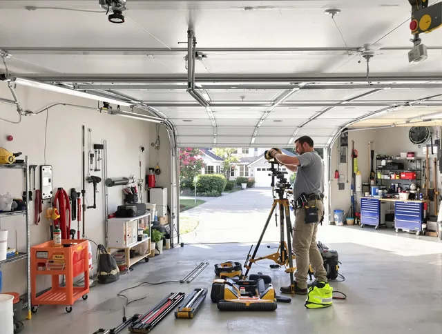Tamarac Garage Door Repair specialist performing laser-guided track alignment in Tamarac